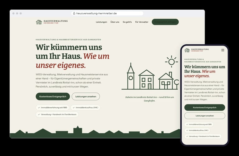 Website homepage for a real estate company showing desktop and mobile views with the headline Wir kümmern uns um Ihr Haus