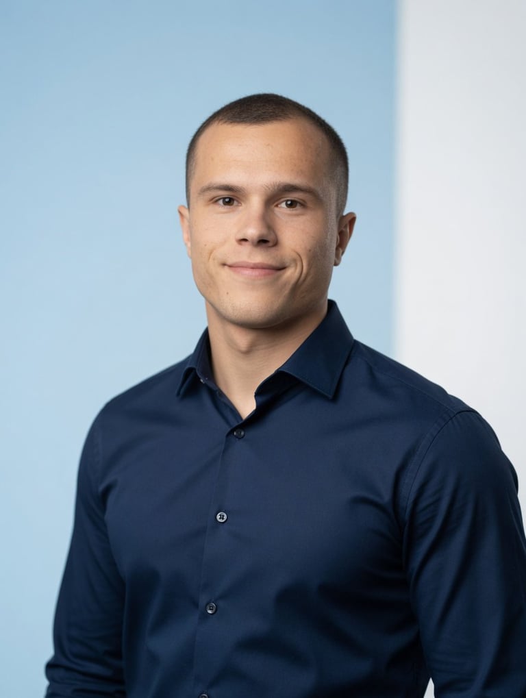 Professional headshot of a man with short dark hair wearing a dark navy button-up shirt against a light blue and white background