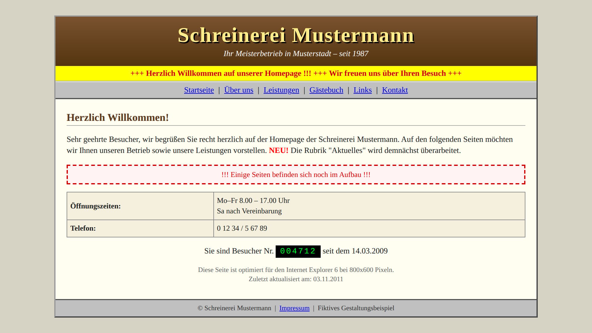 Screenshot of a German carpentry business website for Schreinerei Mustermann with contact information and welcome message