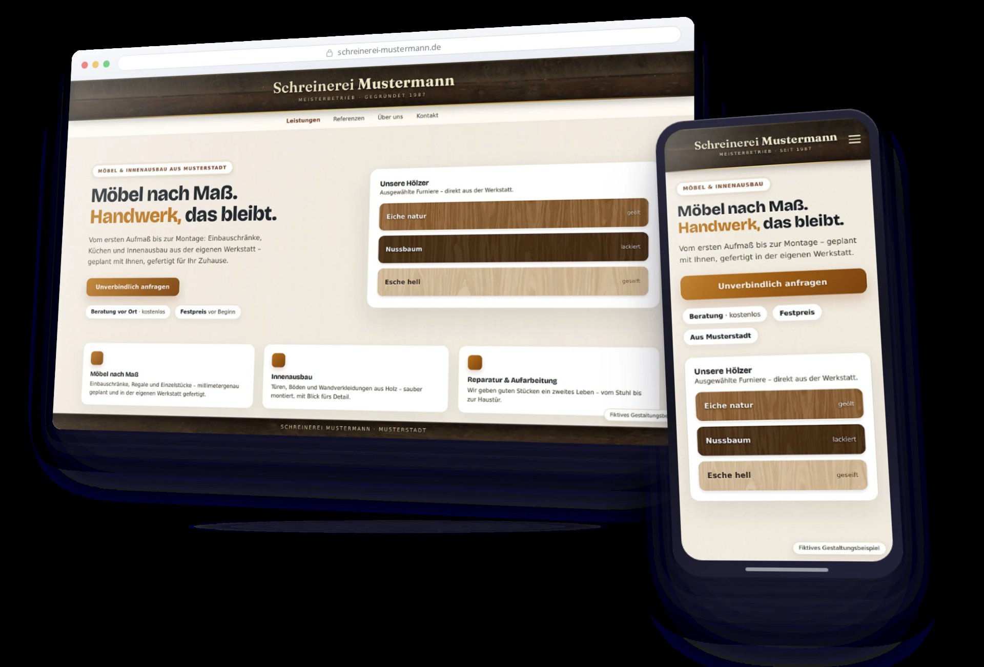 Beispiel einer Website für einen Handwerksbetrieb auf Laptop und Handy.