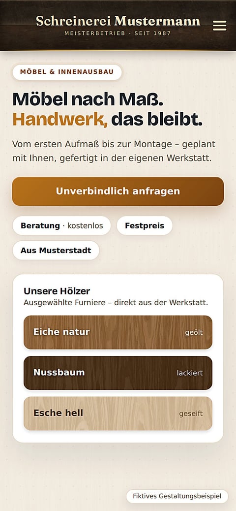 Website for Schreinerei Mustermann custom furniture business showing services, wood finishes, and contact options