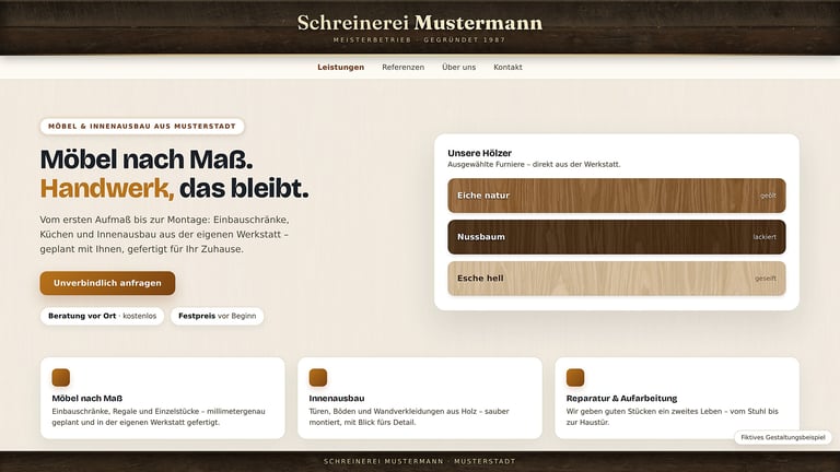Website for Schreinerei Mustermann, a German carpentry business, showing their homepage with furniture services and contact information
