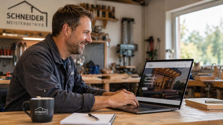Mann arbeitet an Holzschreibtisch mit Laptop in Werkstatt, mit Werkzeugen und Schneider Schild an der Wand
